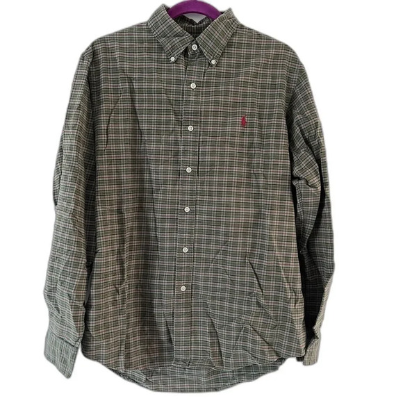 Ralph Lauren Green Red Plaid long Sleeve Button Up Shirt Sz Large Custom Fit - Picture 1 of 12